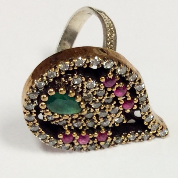 925 Sterling Silver Bronze Emerald Topaz Ruby Ring - Picture 1 of 3